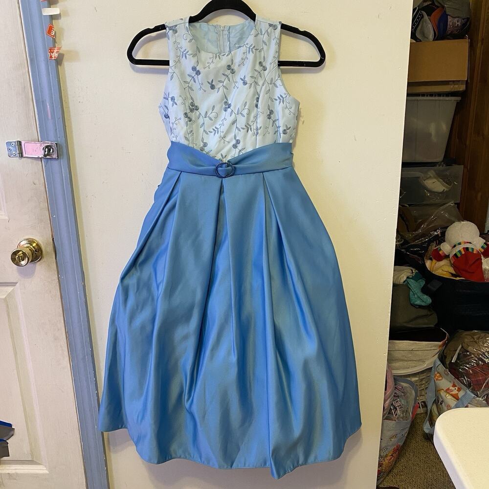 Teen Girls Dress 10/12 Blue Satin Bow Festive Wedding Holiday Party Dance Formal - Picture 4 of 8
